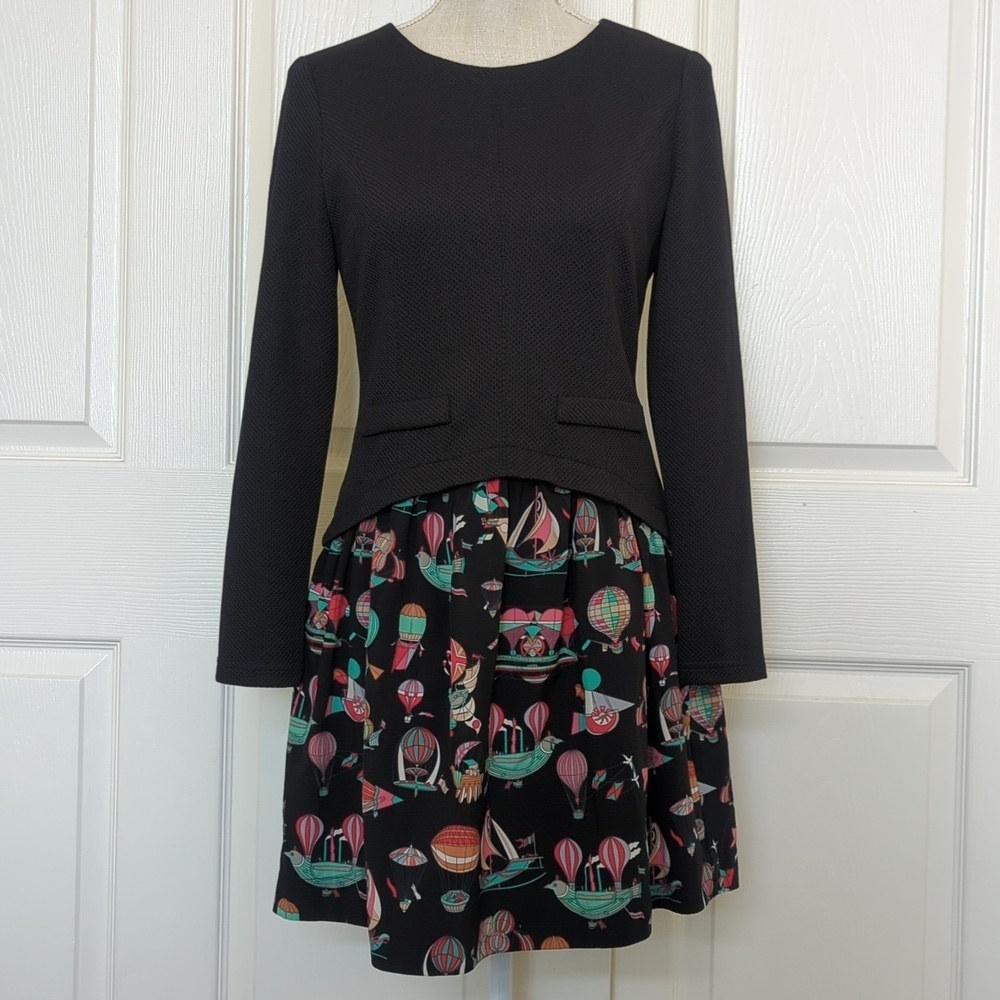 Veeko Black Long Sleeve Dress with Colorful Balloon Print Skirt